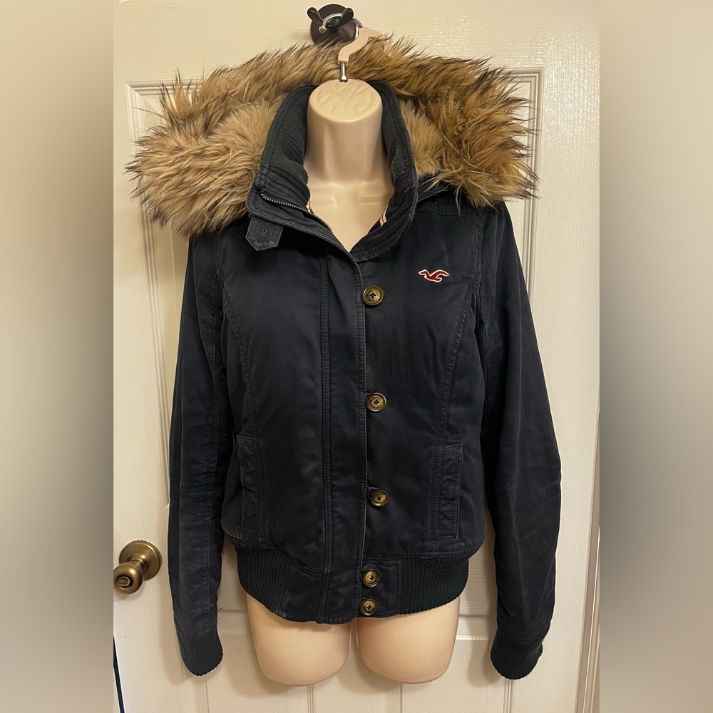 Vintage Y2K Hollister Women’s size Medium Faux Fur Lined Navy Blue Jacket